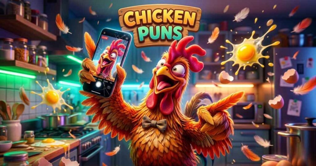 An unhinged cartoon rooster laughing maniacally while taking a chaotic selfie on a phone, bold text reads Chicken Puns.