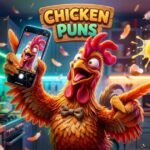 An unhinged cartoon rooster laughing maniacally while taking a chaotic selfie on a phone, bold text reads Chicken Puns.