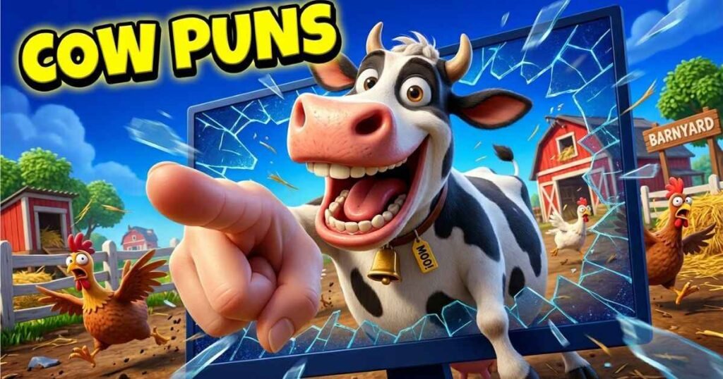 A funny cartoon cow leaning completely out of the frame into the screen, pointing and laughing hysterically, text reads Cow Puns.