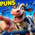 A funny cartoon cow leaning completely out of the frame into the screen, pointing and laughing hysterically, text reads Cow Puns.