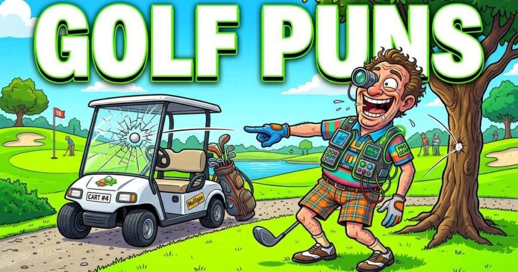 Sarcastic cartoon of an amateur golfer wearing full pro gear, laughing while his ball hits a golf cart, with Golf Puns text.