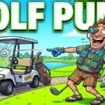 Sarcastic cartoon of an amateur golfer wearing full pro gear, laughing while his ball hits a golf cart, with Golf Puns text.