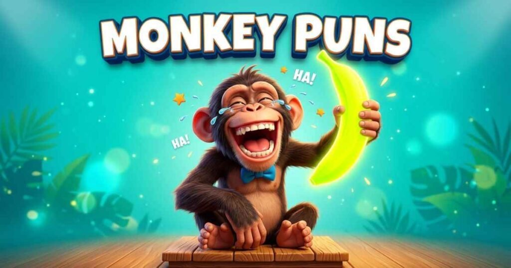 A funny cartoon monkey in a business suit laughing hysterically in front of a laptop with the text Monkey Puns.