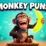 A funny cartoon monkey in a business suit laughing hysterically in front of a laptop with the text Monkey Puns.