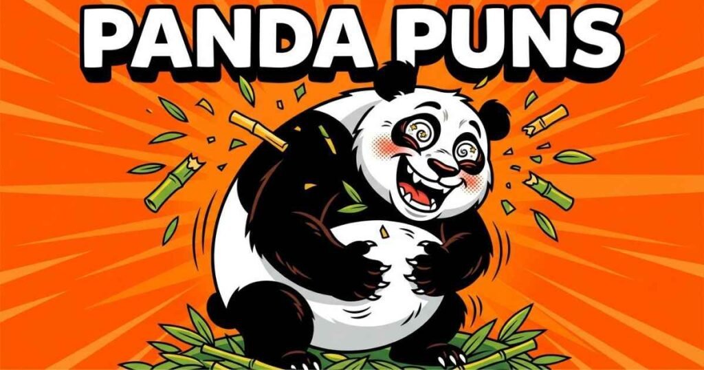 A vibrant flat-vector pop art cartoon of a giant panda laughing hysterically while dropping its bamboo, bold text 'Panda Puns' overhead.