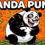 A vibrant flat-vector pop art cartoon of a giant panda laughing hysterically while dropping its bamboo, bold text 'Panda Puns' overhead.