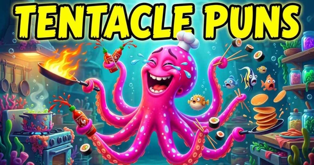 A chaotic cartoon scene of a giant, maniacally laughing pink octopus wearing a tiny chef hat, juggling burning frying pans under the sea, with bold 'Tentacle Puns' text.