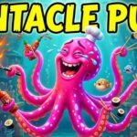 A chaotic cartoon scene of a giant, maniacally laughing pink octopus wearing a tiny chef hat, juggling burning frying pans under the sea, with bold 'Tentacle Puns' text.