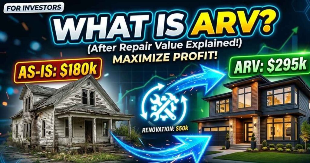 Diagram illustrating how real estate investors calculate after-repair value using comparable sales and renovation costs.