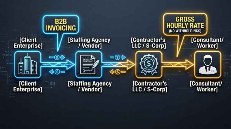 Comprehensive step-by-step organizational flowchart mapping financial payments and contract relationships in a C2C corp-to-corp staffing model