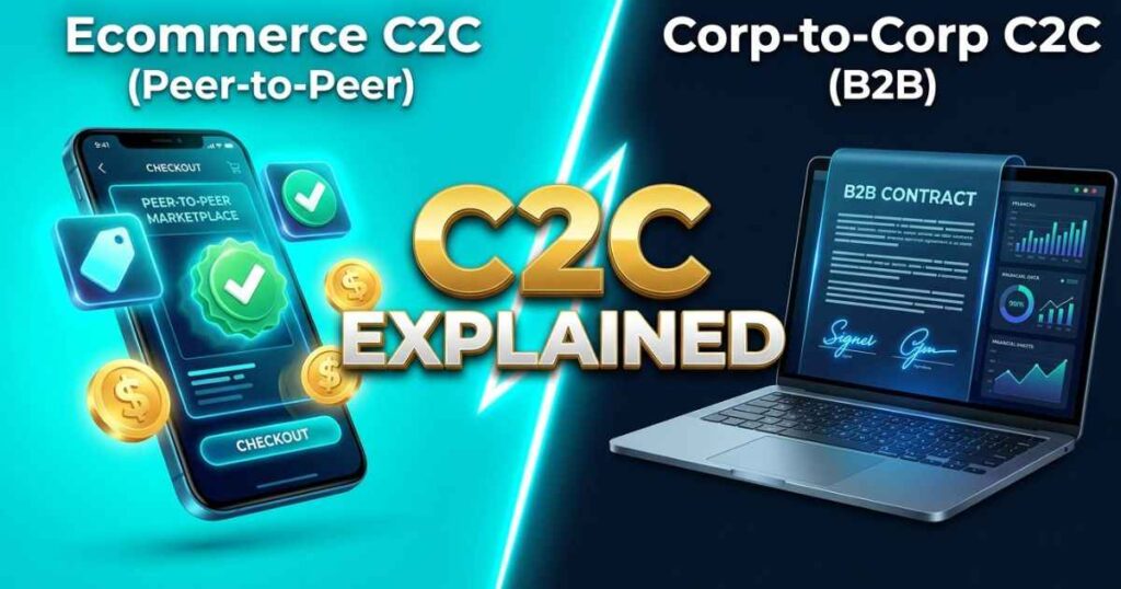 Split-screen visual comparison of C2C consumer-to-consumer ecommerce on a mobile phone next to C2C corp-to-corp contracting on a corporate laptop