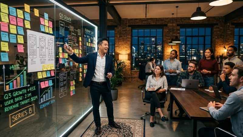 Chief Product Officer leading a product strategy and roadmap meeting in a modern office.