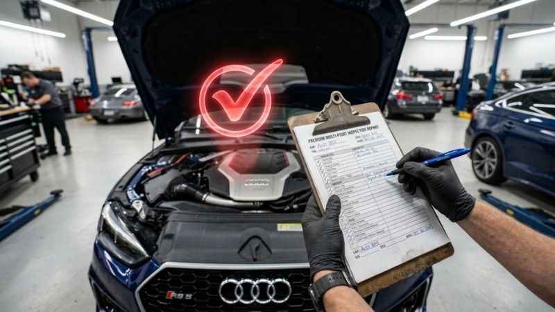 Mechanic reviewing a multi-point vehicle inspection checklist during a certified pre-owned car evaluation.