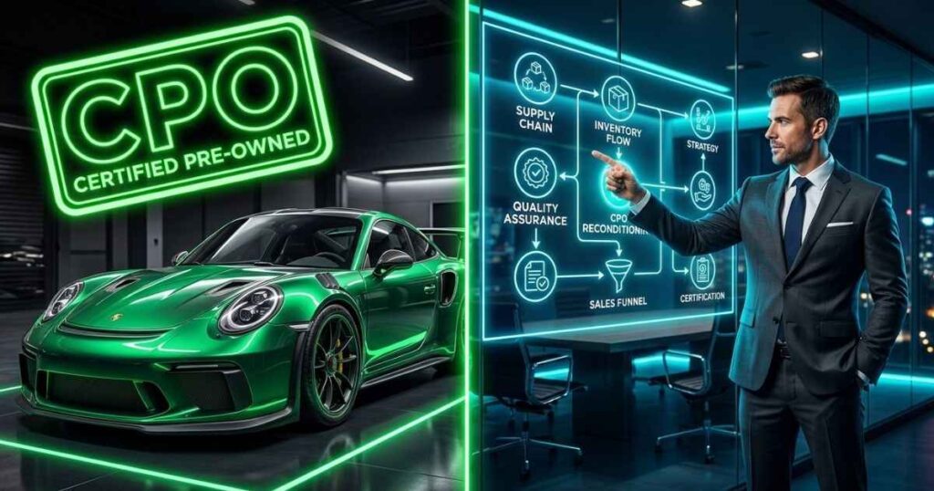 Visual comparison of a certified pre-owned car and a corporate business office representing different CPO meanings.