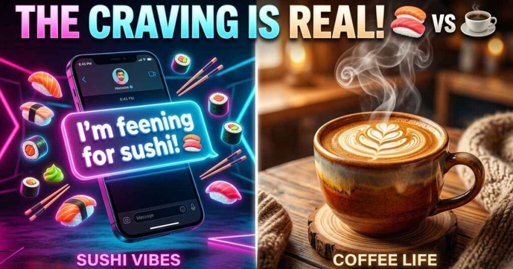 A graphic illustrating the feening meaning through casual food and coffee cravings.
