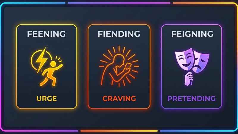 A comparison table explaining the differences between feening, fiending, and feigning.