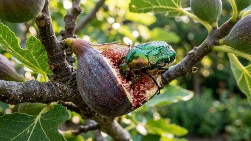 Green beetle on a tree branch, illustrating the literal insect sense of mayate.