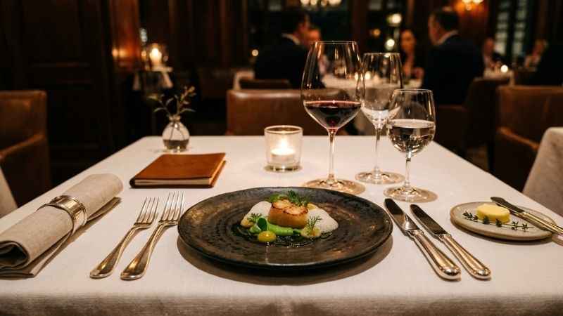 Elegant table setting at a high-end restaurant representing a four-dollar-sign dining experience.