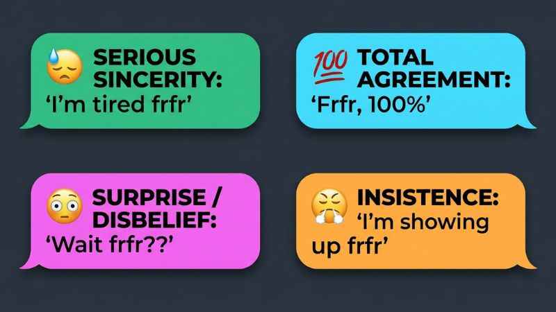 Diagram explaining the four different conversational meanings of frfr in text messaging.
