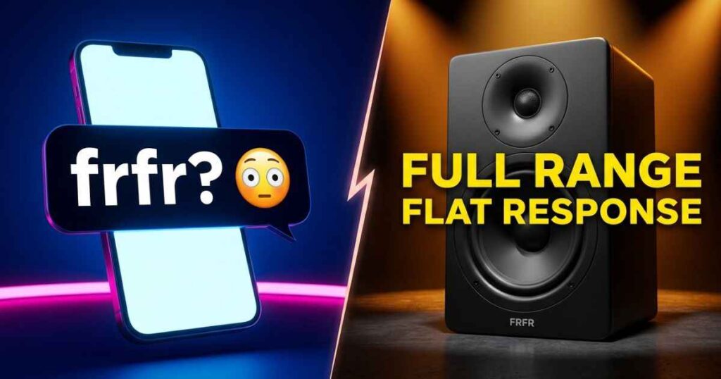 Digital graphic illustrating the two meanings of FRFR as text slang and a full-range, flat-response audio speaker system.