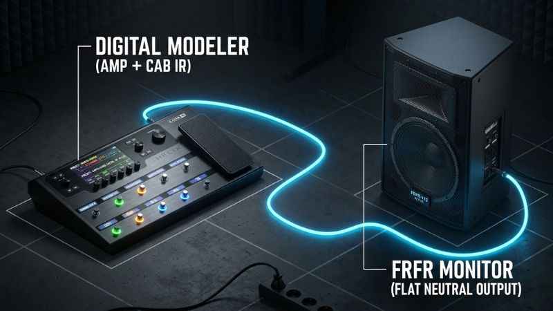 Setup diagram showing one common FRFR setup for a digital guitar modeler connected to a Full Range Flat Response speaker cabinet.