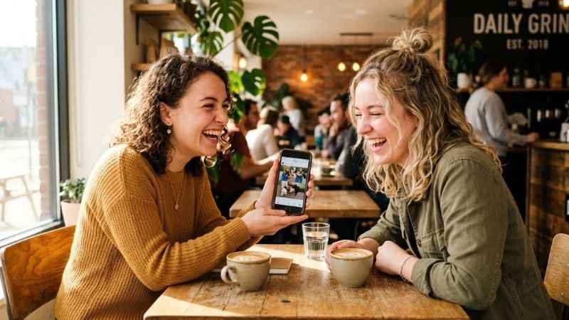 Two smiling friends looking at a smartphone together in a cafe.