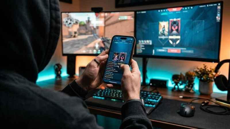 Person holding a smartphone while playing a video game at a desk.