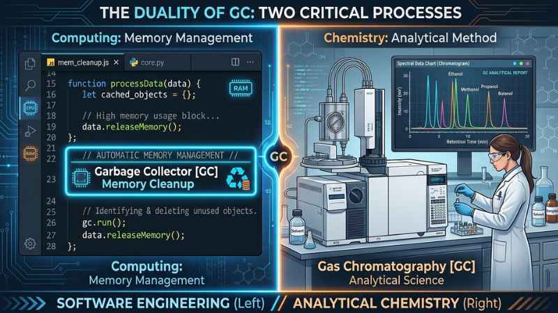 A visual comparison graphic showing computer programming memory cleanup and laboratory gas chromatography testing.