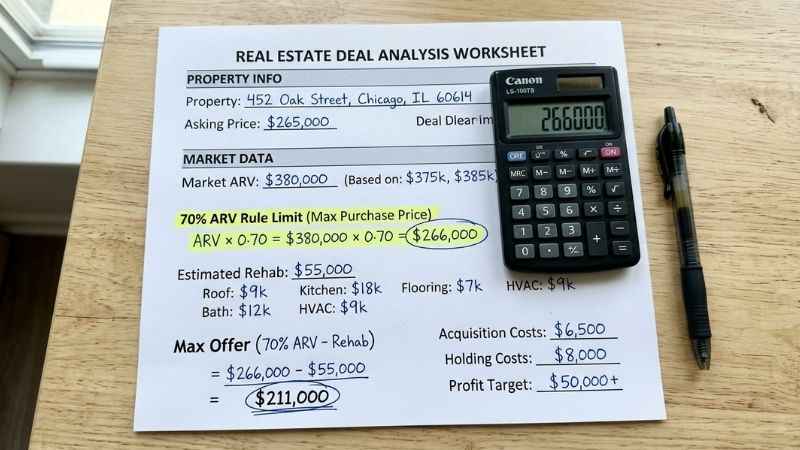 Financial worksheet showing a house-flipping deal analysis and after-repair value calculations.