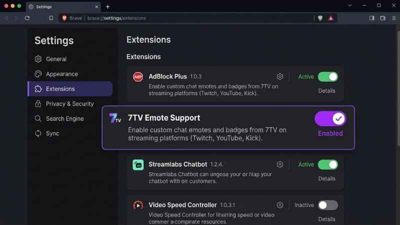 Browser setup screen demonstrating how to enable custom 7TV emote support for Twitch.