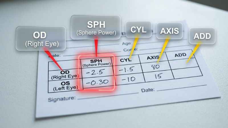 A full eye prescription chart with clear callout arrows pointing to OD, OS, SPH, CYL, AXIS, and ADD fields.