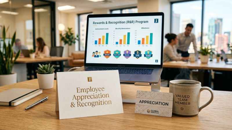 An office desk with employee rewards and recognition materials representing workplace R&R.