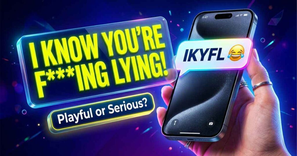 A smartphone displaying a text message reading IKYFL with a definition overlay explaining its slang meaning.