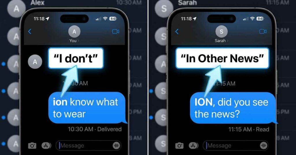 Graphic illustrating the ion meaning in text messages with two chat bubbles showing I don't and In Other News examples.