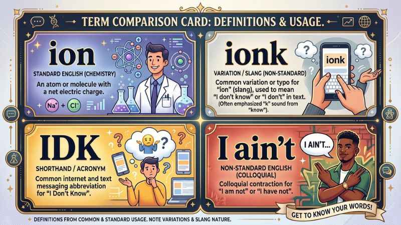 A text slang comparison chart showing the differences between ion, ionk, IDK, and I ain't.