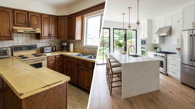 Before and after comparison of a home kitchen renovation used for calculating after-repair value.