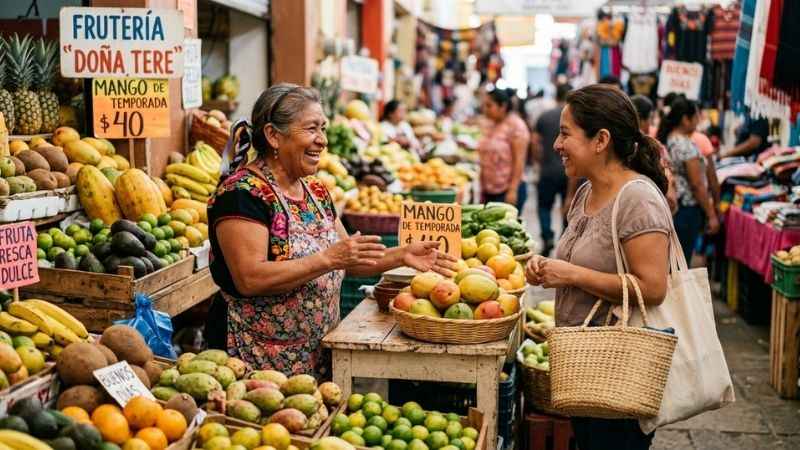 A market vendor greeting a customer in a friendly setting in Mexico.