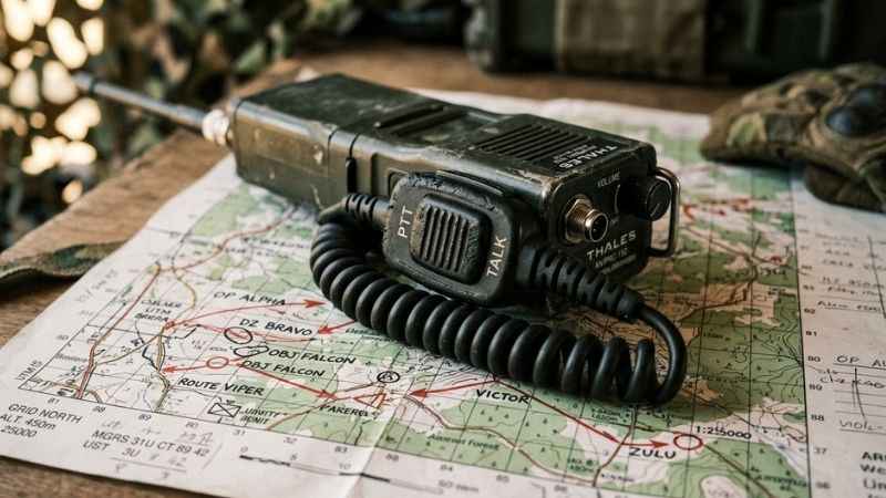 A military radio handset used for tactical communication.