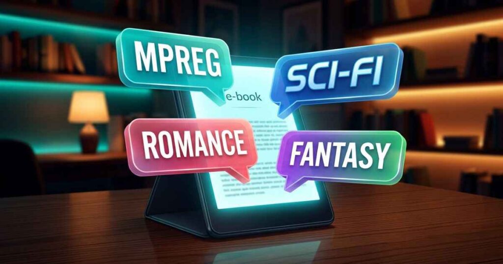 An open ebook illustration showing digital story tags including mpreg meaning and romance genres.