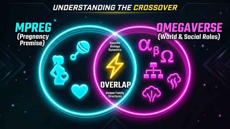 Venn diagram explaining the difference between mpreg meaning and Omegaverse tropes.
