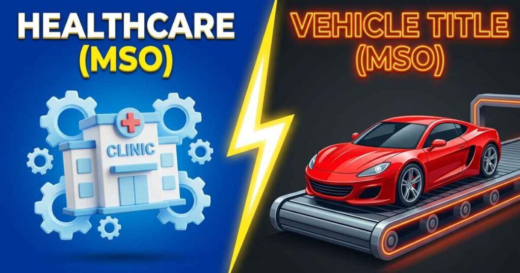 Illustrated diagram showing the two main MSO meanings: a healthcare management organization and a vehicle manufacturer statement of origin.