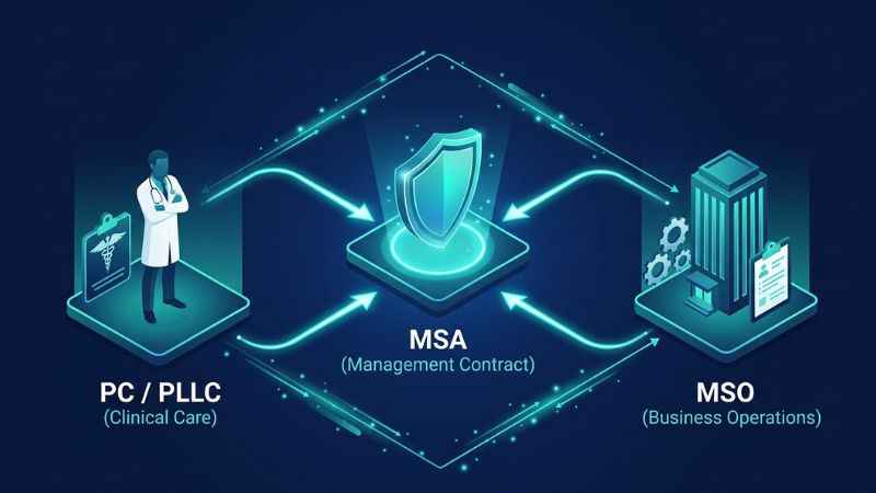 Diagram showing how a medical practice, a management services organization, and a management services agreement connect.
