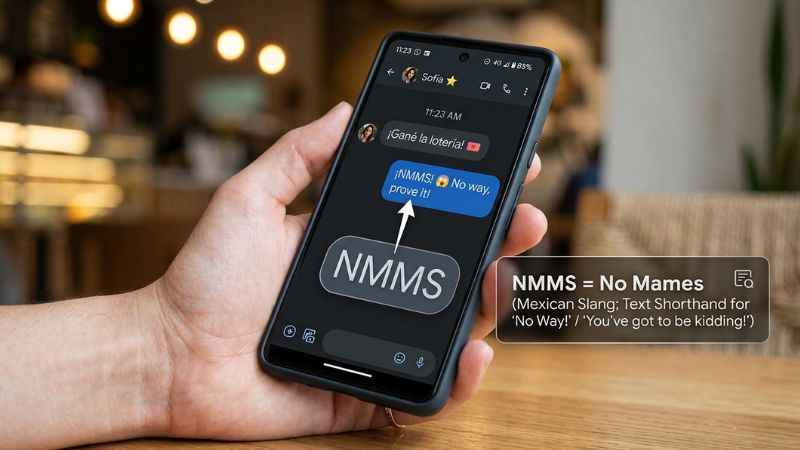 Smartphone mockup showing a text message conversation translating the Mexican slang abbreviation NMMS.