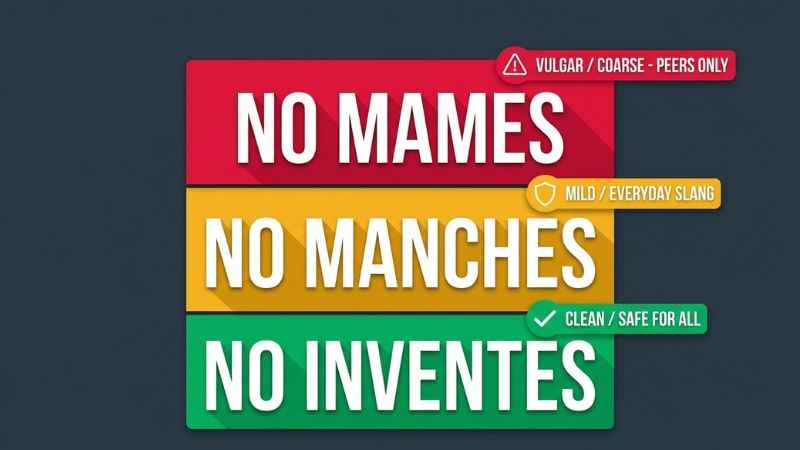Infographic comparing vulgarity levels of Mexican slang terms from no mames down to clean alternatives.