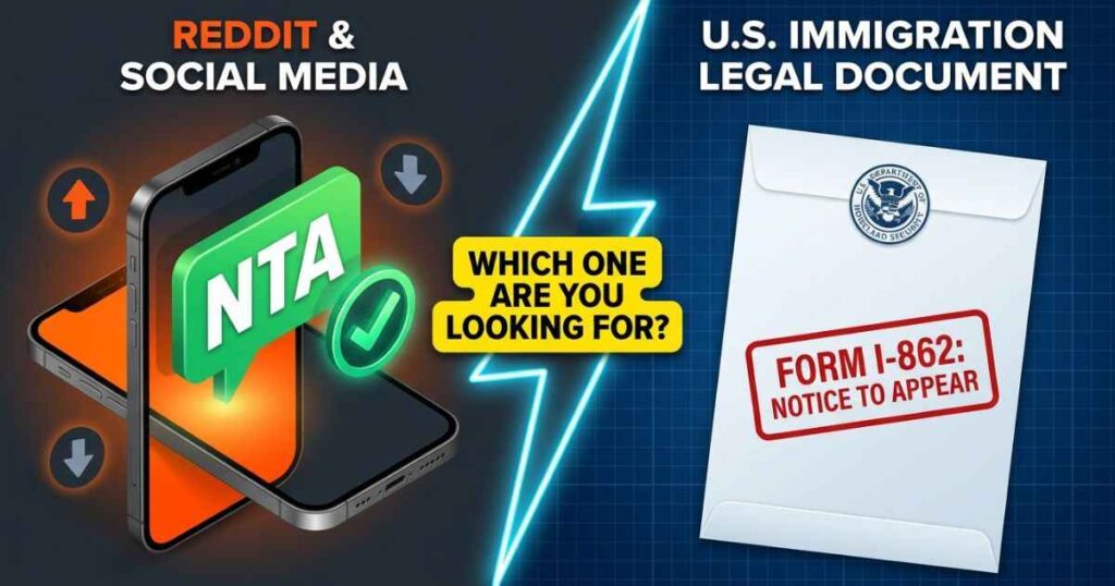 Graphic illustrating the two main NTA meanings showing a text message symbol for Not the Asshole and official Form I-862 Notice to Appear legal document.