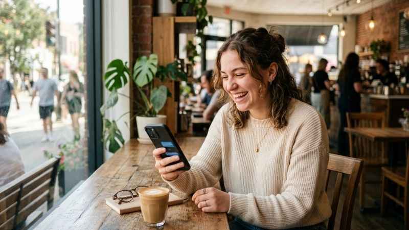 A young adult smiling while checking social media and text messages on a smartphone.