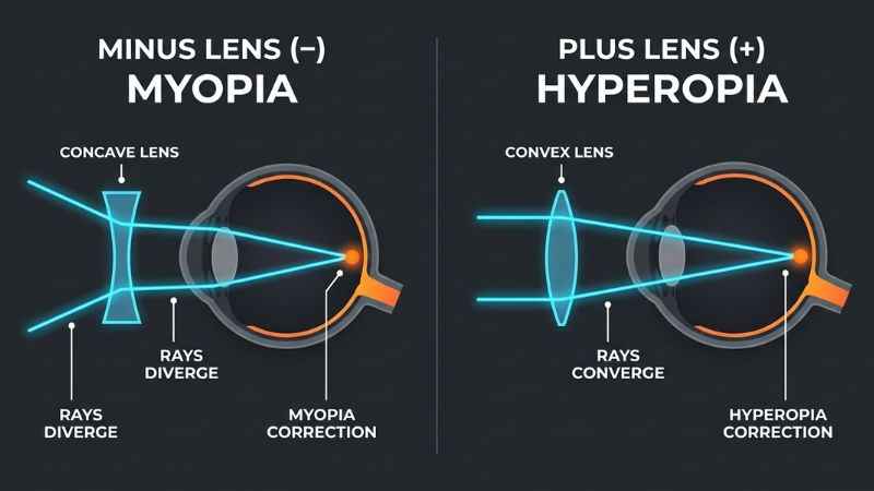 A side-by-side optical diagram showing light focusing through a minus lens for nearsightedness and a plus lens for farsightedness.