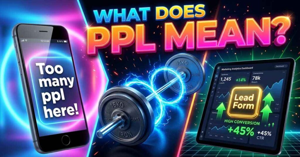 An illustration showing what PPL means in text messaging, gym workouts, and business settings.
