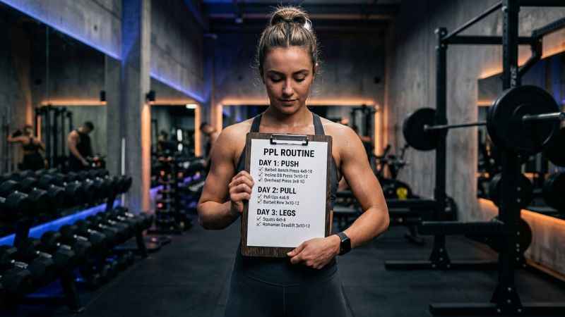 A person holding a workout notebook outlining a Push Pull Legs gym routine.