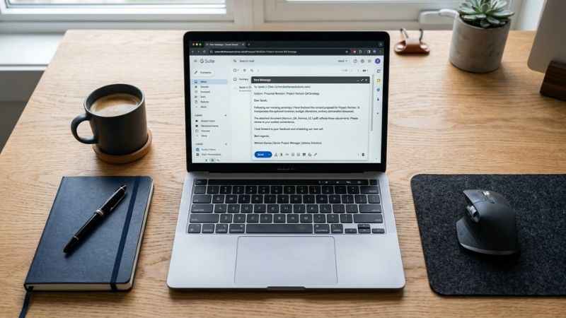 Laptop screen displaying a formal work email where shorthand should be avoided.
